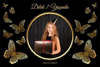 Gold Kelebekler ile Siyah Fon Temalı Doğum Günü Parti Konsepti