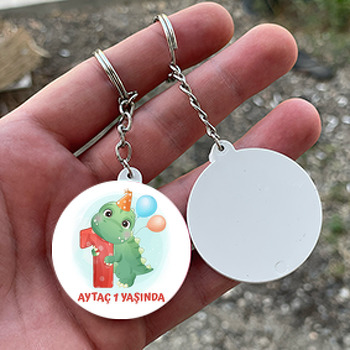1 Yaş Dinazor Temalı Daire Plastik Doğum Günü Anahtarlık