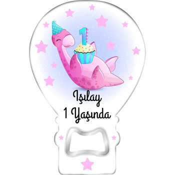 1 Yaş Pastası ile Neşeli Pembe Dinazor Temalı Balon Ahşap Magnet 