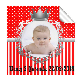 Kırmızı Gümüş Taç  Temalı Doğum Günü Kare Etiket