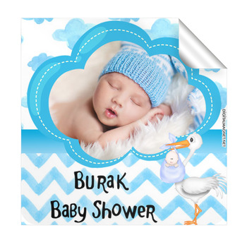 Mavi Bulut Temalı Doğum Günü  Kare Etiket