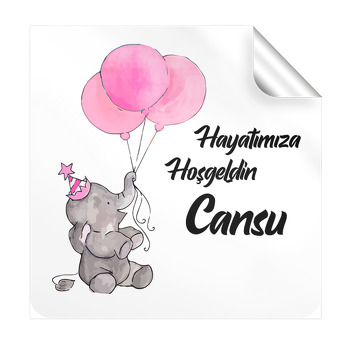 Pembe Balonlu Sevimli Fil Temalı Kare Etiket