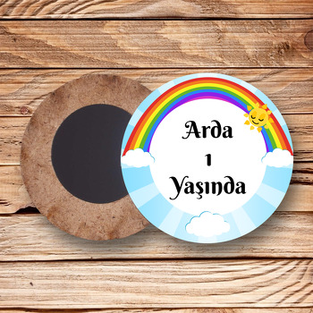 Gökkuşağı ve Güneş Temalı Ahşap Daire Magnet