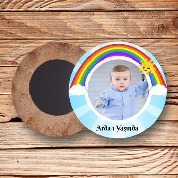 Gökkuşağı ve Güneş Temalı Resimli Ahşap Daire Magnet
