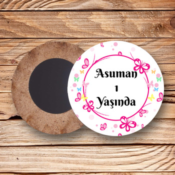Pembe Kelebekler Temalı Ahşap Daire Magnet