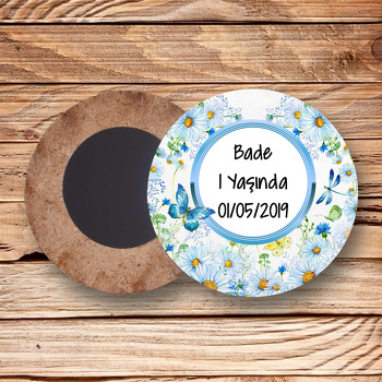 Papatya Ve Kelebek Temalı Ahşap Daire Magnet