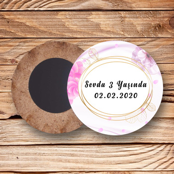 Soft Pembe Çiçekler Temalı Ahşap Daire Magnet