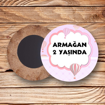 Pembe Soft Uçan Balonlar Temalı Ahşap Daire Magnet