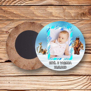 Buz Devri Temalı Resimli Ahşap Daire Magnet