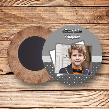 Gri Temalı Resimli Ahşap Daire Magnet