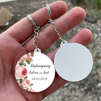 Pembe Güller Temalı Söz Nişan Nikah Daire Plastik Anahtarlık