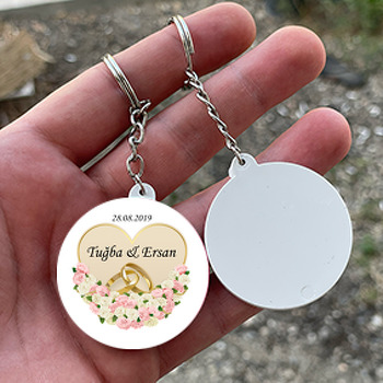 Pembe Beyaz Güller Ve Alyans Temalı Söz Nişan Nikah Daire Plastik Anahtarlık