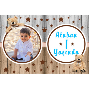 Teddy Ayıcık Çerçeveli Ahşap Fon Temalı Doğum Günü Magnet