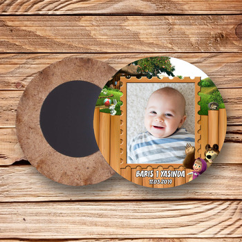 Maşa ve Kocaayı Temalı Resimli Ahşap Daire Magnet