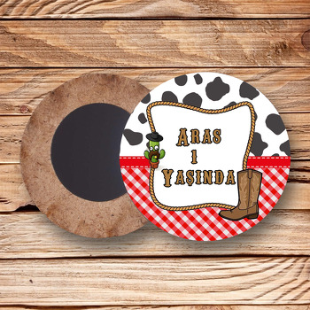 Kovboy Temalı Ahşap Daire Magnet