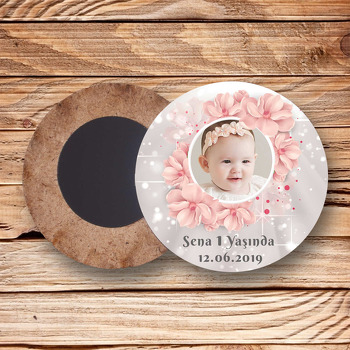 Soft Çiçekler Temalı Resimli Ahşap Daire Magnet