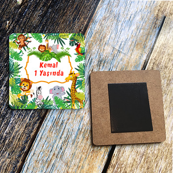 Tropikal Safari Temalı Kare Doğum Günü Ahşap Magnet