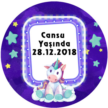 Sevimli Mor Unicorn  Temalı Akrilik Daire Magnet