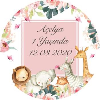 Pembe Çiçekli Safari Temalı Akrilik Daire Magnet