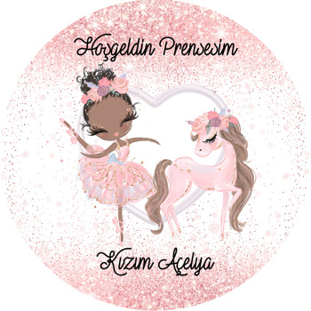 Balerin Ve Pembe Unicorn Temalı Akrilik Daire Magnet