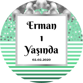 Gri Balonlar ve Yeşil Çizgiler Temalı Akrilik Daire Magnet