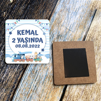 Tren ile Sevimli Hayvanlar Temalı Kare Ahşap Magnet