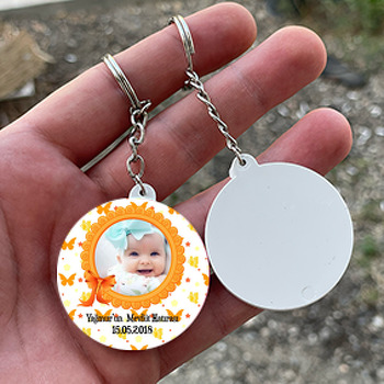 Turuncu Çerçeve Temalı  Bebek Daire Plastik Anahtarlık