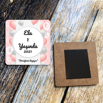 Soft Pembe ve Gümüş Balonlar Temalı Kare Ahşap Magnet