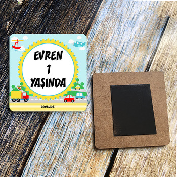 Renkli Taşıtlar Temalı Kare Ahşap Magnet