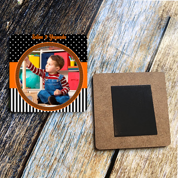 Turuncu ve Siyah Temalı Ahşap Kare Magnet
