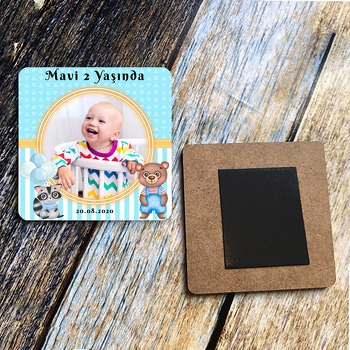 Ayıcık ile Rakun Temalı Ahşap Kare Magnet