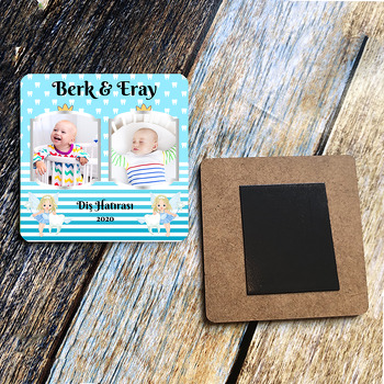 Mavi Fonda İkiz Diş Buğdayı Temalı Ahşap Kare Magnet