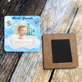 Melek Kanatlı Mavi Temalı Ahşap Kare Magnet