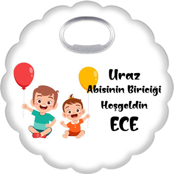 Abi ile Kız Kardeş Sarı Kırmızı Balonlar Temalı Çiçek Şekilli Magnet Açacak