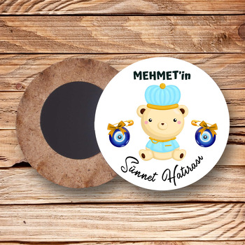 Açık Mavi Sevimli Ayıcık ile Nazar Boncuğu Temalı Daire Ahşap Magnet