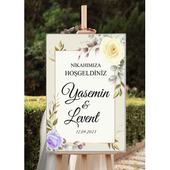 Açık Sarı ile Mor Gül Krem Fonda Temalı Söz Nişan Nikah Dekota Karşılama Panosu