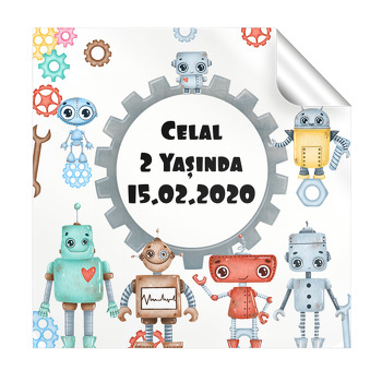 Akıllı Robotlar Temalı Doğum Günü Parti Kare Etiket