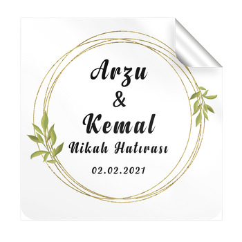 Altın Simli Daire Çerçeve ve Yapraklar Temalı Kare Sticker