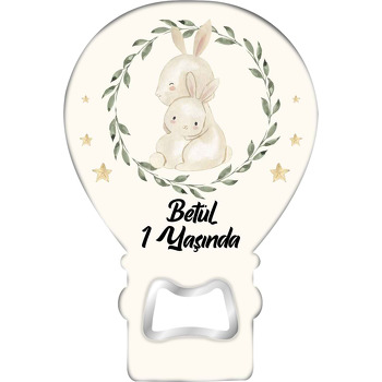 Anne ile Yavru Tavşan Temalı Balon Ahşap Magnet 