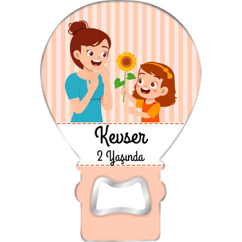 Anne Kız Yavru Ağzı Çizgili Fon Temalı Balon Ahşap Magnet 