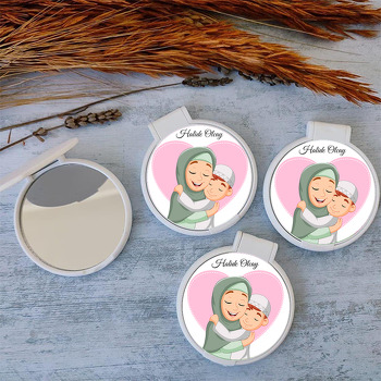 Anne Oğul Açık Pembe Kalp Temalı Kapaklı Ayna