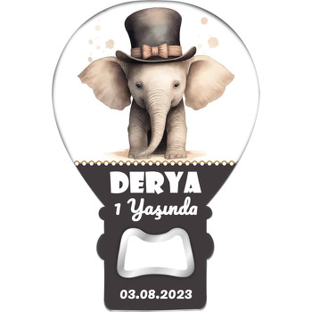 Antrasit Bordür ile Silindir Şapkalı Fil Temalı Balon Ahşap Magnet 