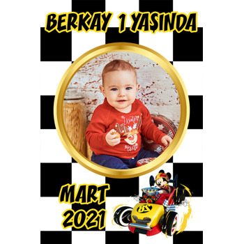 Araba Yarışçısı Mickey Mouse ile Dama Fon Temalı Doğum Günü Magnet 