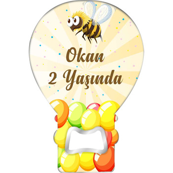 Arı ile Balonlar Sarı Fonda Temalı Balon Ahşap Magnet 
