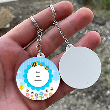 Arı ve Çiçek Temalı Daire Plastik Anahtarlık