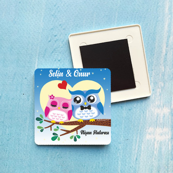 Aşık Baykuşlar Temalı Kare Plastik Kare Magnet