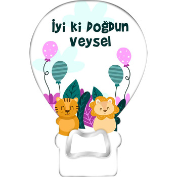Aslan ile Kaplan Mor Balonlarla Temalı Balon Ahşap Magnet 