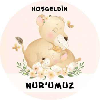 Aslan ile Yavrusu Pudra Fon Temalı Akrilik Daire Magnet