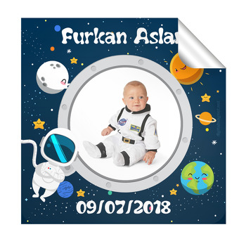Astronot Temalı Doğum Günü  Kare Etiket