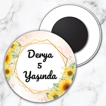 Ayçiçeği ile Geometrik Çerçeve Temalı Daire Plastik Doğum Günü Magnet